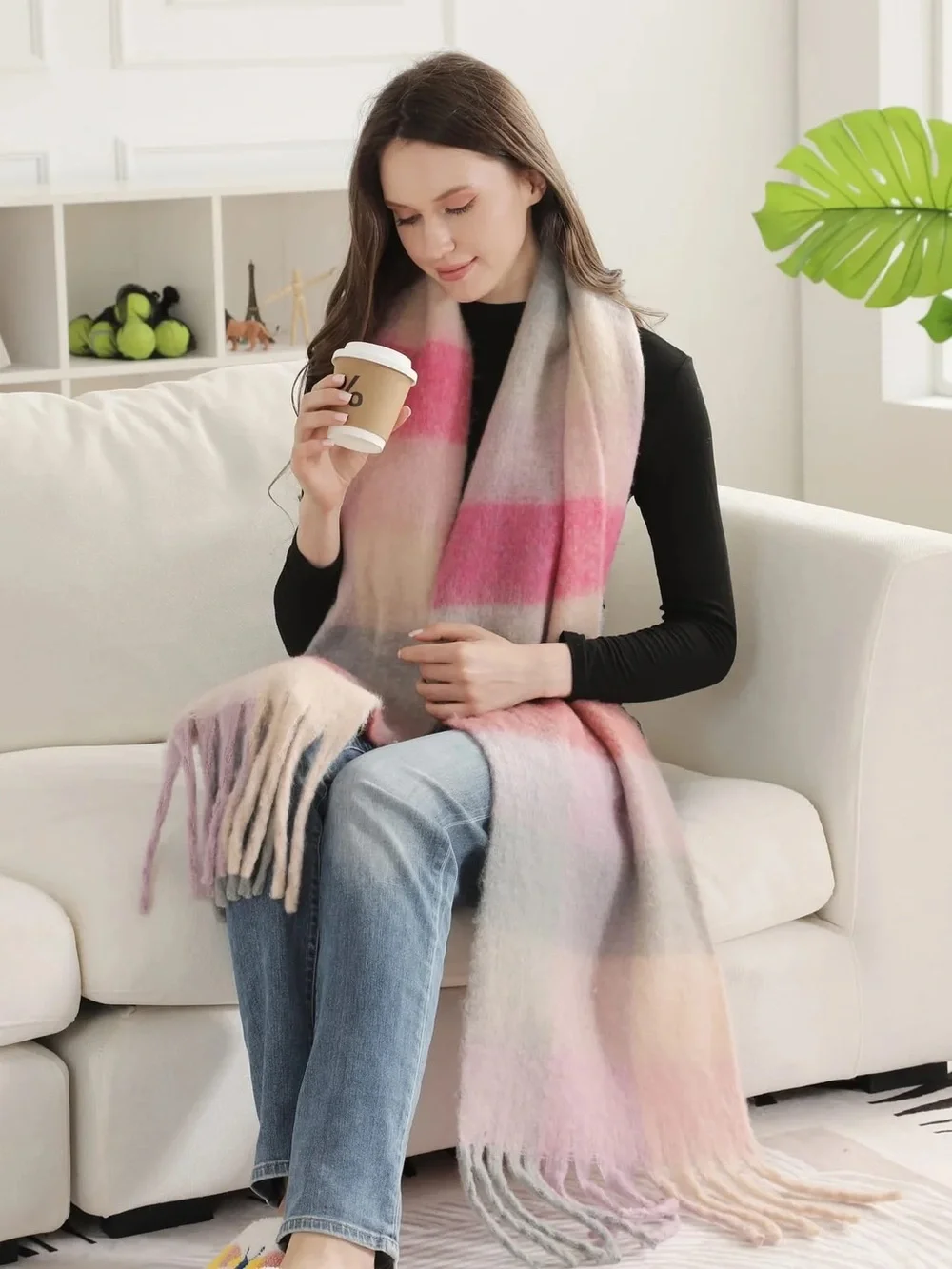 Cozy Pastel Plaid Fringe Scarf - Pink Multi